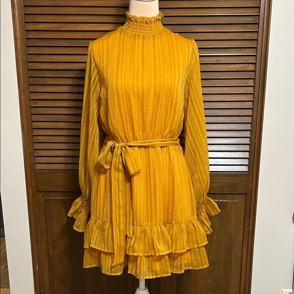 NWT Lulu's Mustard Gold Long Sleeve Ruffled Dress Size S - Picture 1 of 8